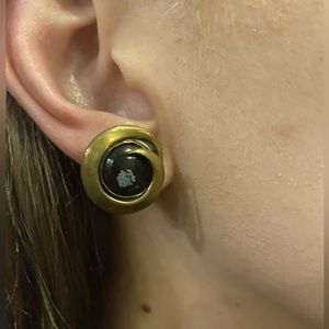 CLIP on Earrings. Antiqued Brass Tone Swirl W/faux Snow Flake Obsidian Center.